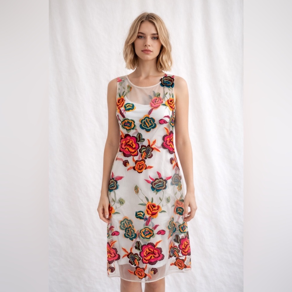 Alexia Admor Floral Embroidered Sheer Mesh Midi Dress- Shell Only Small (4/6)